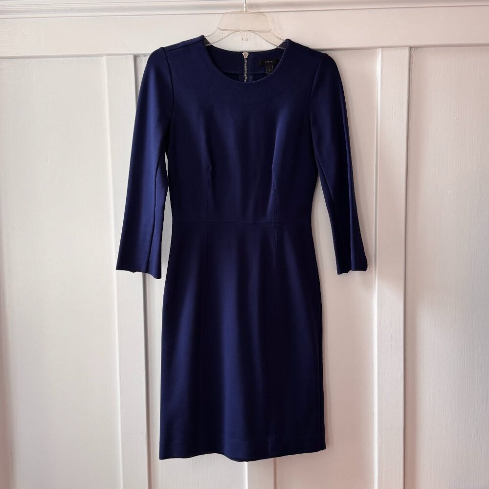 J Crew Structured Knit Zip Sheath Dress (Blue / 0) (Style B6128) - Picture 3 of 5